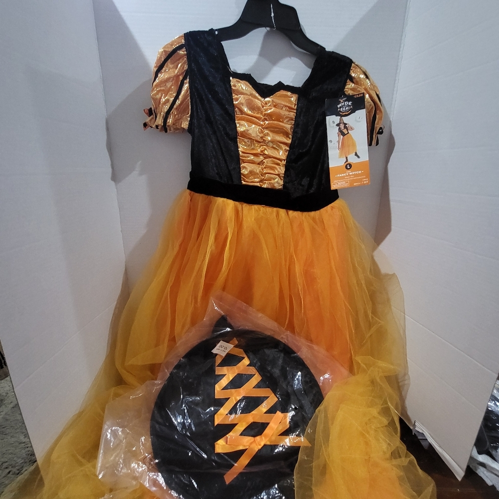 Kids Fancy Witch Halloween Costume Dress & Hat 10-12 Large Orange-Black #5287